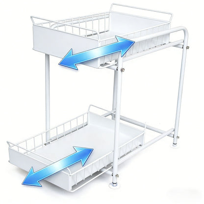 2 Tier Under Sink Storage Rack Kitchen Organizer Steel Frame with Removable Baskets & Suction Feet White - Image 5