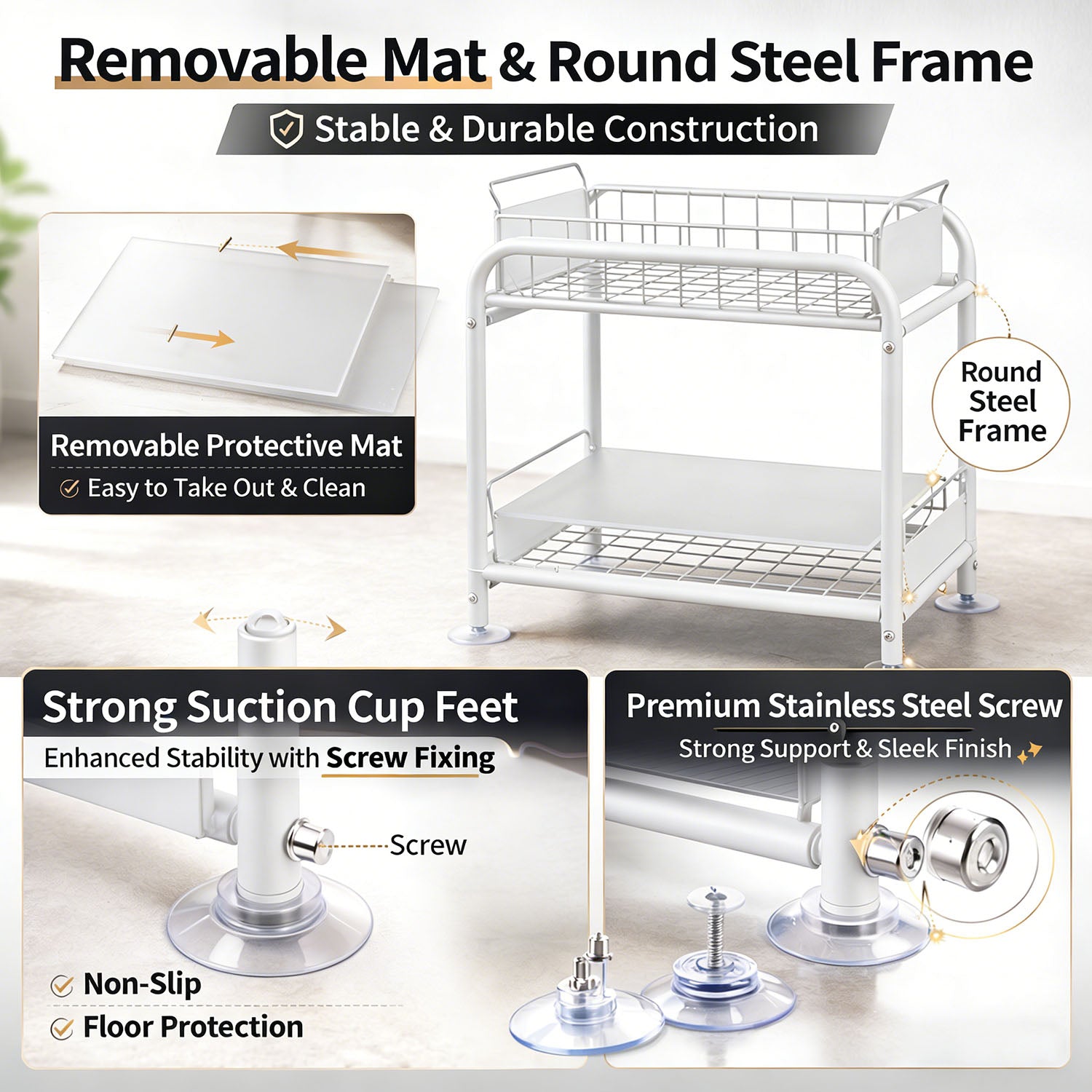 2 Tier Under Sink Storage Rack Kitchen Organizer Steel Frame with Removable Baskets & Suction Feet White - Image 6