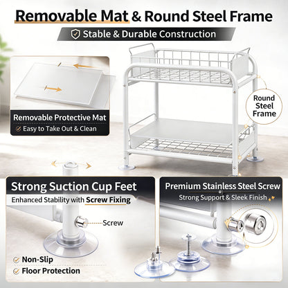 2 Tier Under Sink Storage Rack Kitchen Organizer Steel Frame with Removable Baskets & Suction Feet White - Image 6