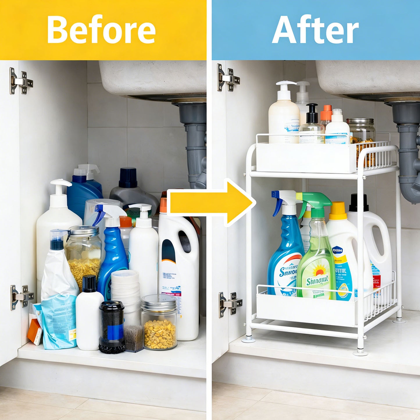 2 Tier Under Sink Storage Rack Kitchen Organizer Steel Frame with Removable Baskets & Suction Feet White - Image 7
