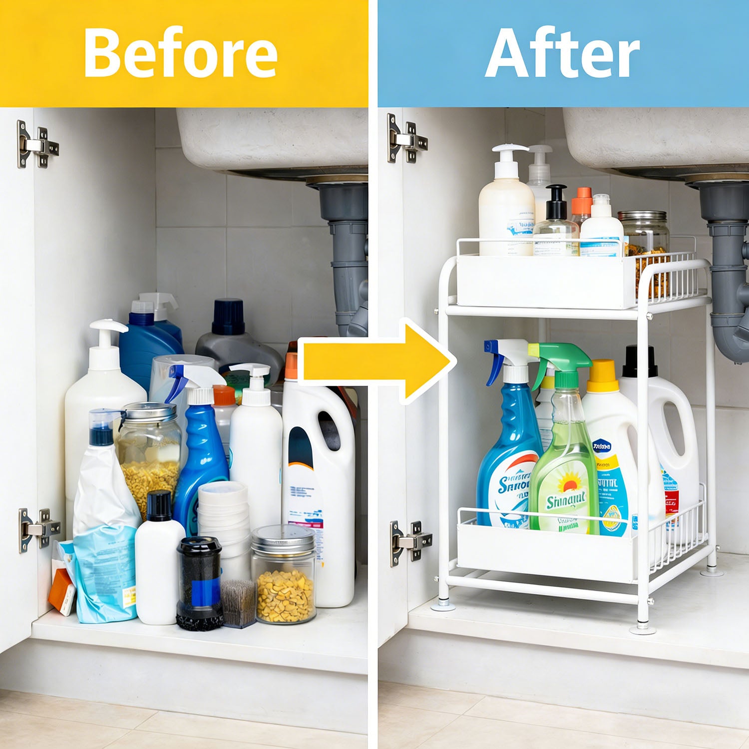 2 Tier Under Sink Storage Rack Kitchen Organizer Steel Frame with Removable Baskets & Suction Feet White - Image 7