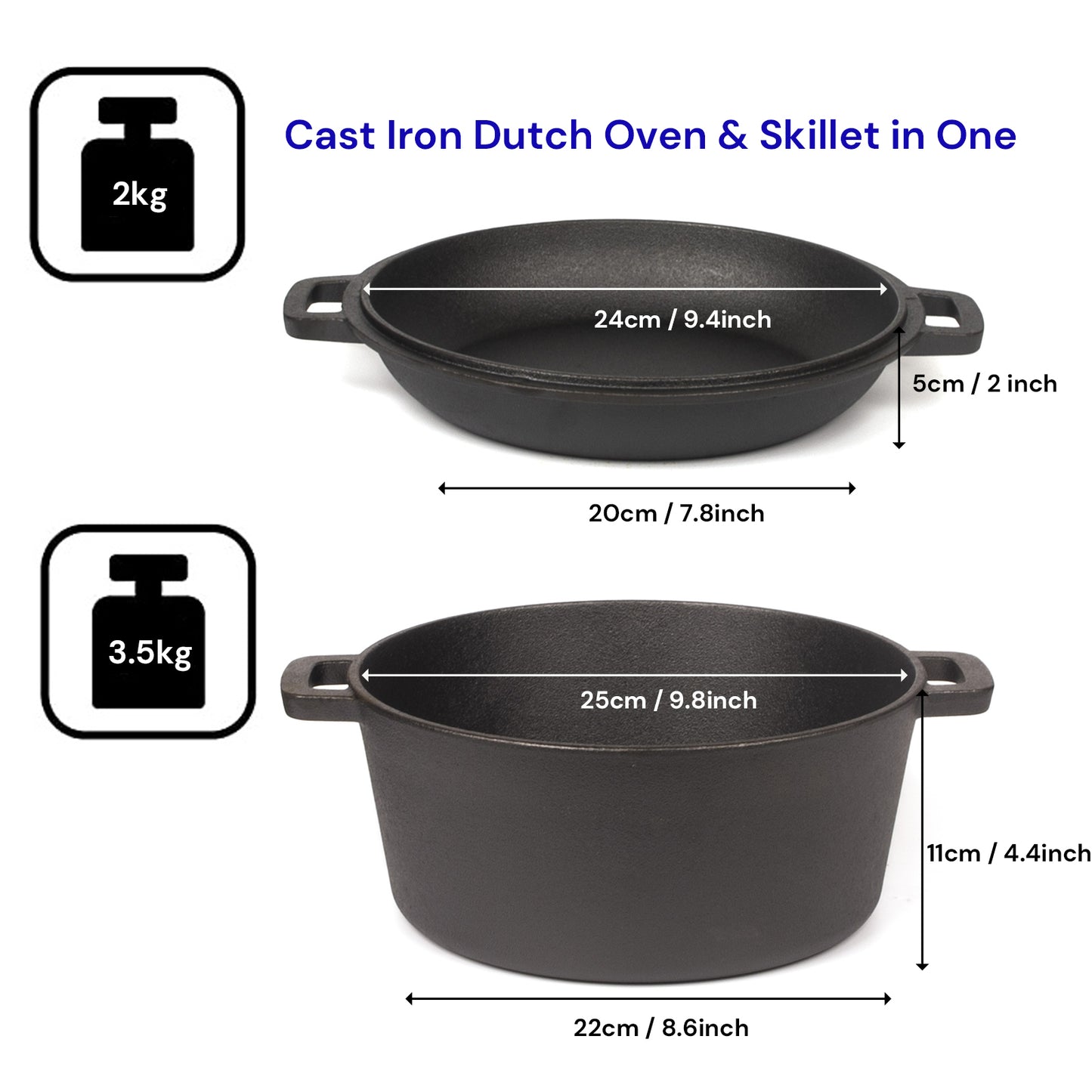 26cm 2-in-1 Cast Iron Dutch Oven & Skillet Set  Pre-Seasoned Dual-Use Pot with Lid Fry Pan, Durable & Versatile Cookware - Image 2
