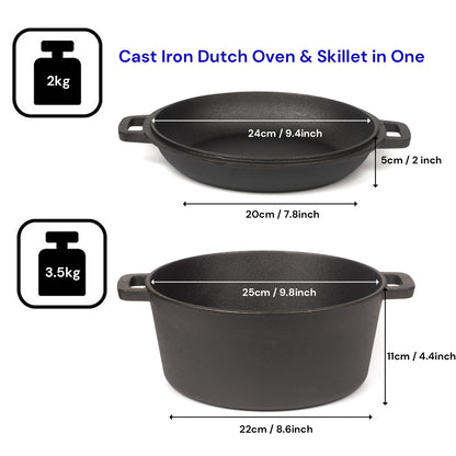 26cm 2-in-1 Cast Iron Dutch Oven & Skillet Set  Pre-Seasoned Dual-Use Pot with Lid Fry Pan, Durable & Versatile Cookware - Image 2