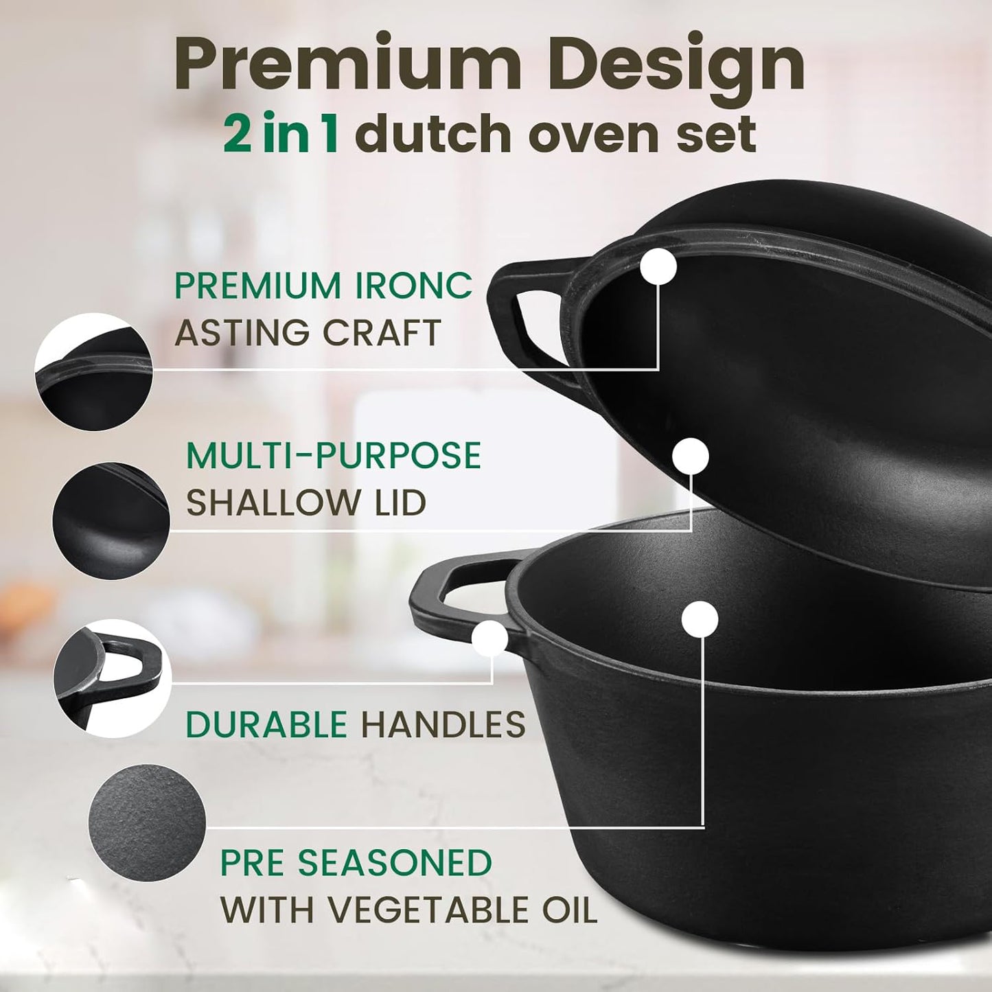 26cm 2-in-1 Cast Iron Dutch Oven & Skillet Set  Pre-Seasoned Dual-Use Pot with Lid Fry Pan, Durable & Versatile Cookware - Image 4