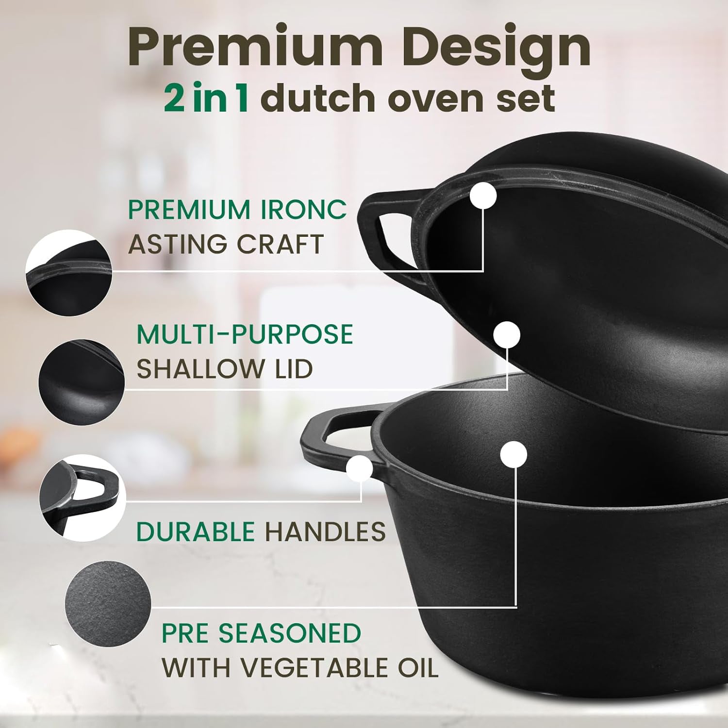 26cm 2-in-1 Cast Iron Dutch Oven & Skillet Set  Pre-Seasoned Dual-Use Pot with Lid Fry Pan, Durable & Versatile Cookware - Image 4