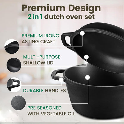26cm 2-in-1 Cast Iron Dutch Oven & Skillet Set  Pre-Seasoned Dual-Use Pot with Lid Fry Pan, Durable & Versatile Cookware - Image 4