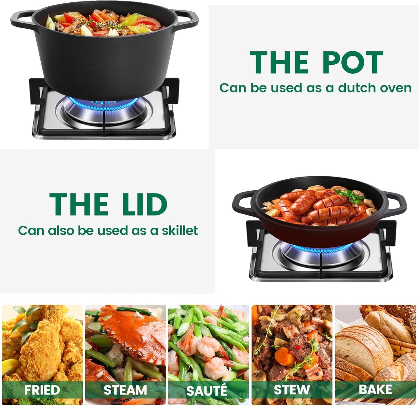 26cm 2-in-1 Cast Iron Dutch Oven & Skillet Set  Pre-Seasoned Dual-Use Pot with Lid Fry Pan, Durable & Versatile Cookware - Image 7