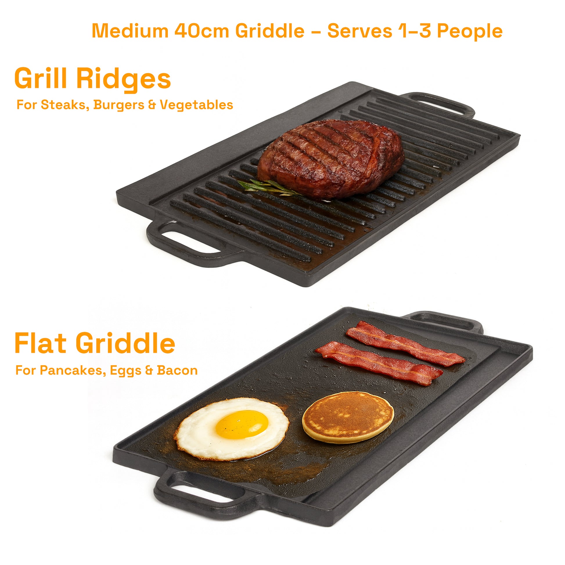 40 cm Reversible Cast Iron Grill & Griddle -Dual-Sided (Flat & Ribbed), Pre-Seasoned, Handles, for Stove-Top & Outdoor Use - Image 3