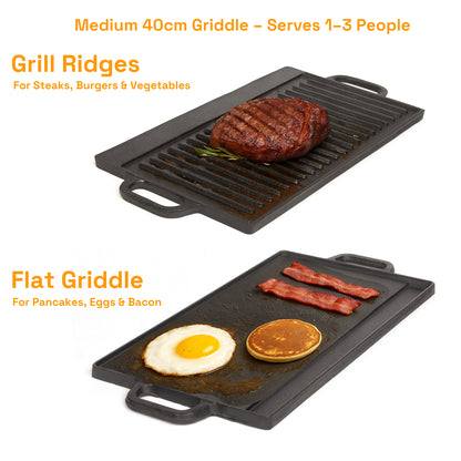 40 cm Reversible Cast Iron Grill & Griddle -Dual-Sided (Flat & Ribbed), Pre-Seasoned, Handles, for Stove-Top & Outdoor Use - Image 3