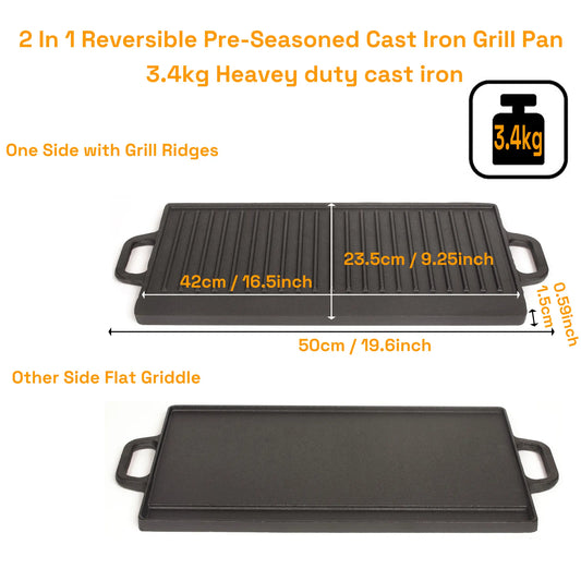 50 cm Reversible Cast Iron Grill & Griddle -Dual-Sided (Flat & Ribbed), Pre-Seasoned, Handles, for Stove-Top & Outdoor Use - Image 2