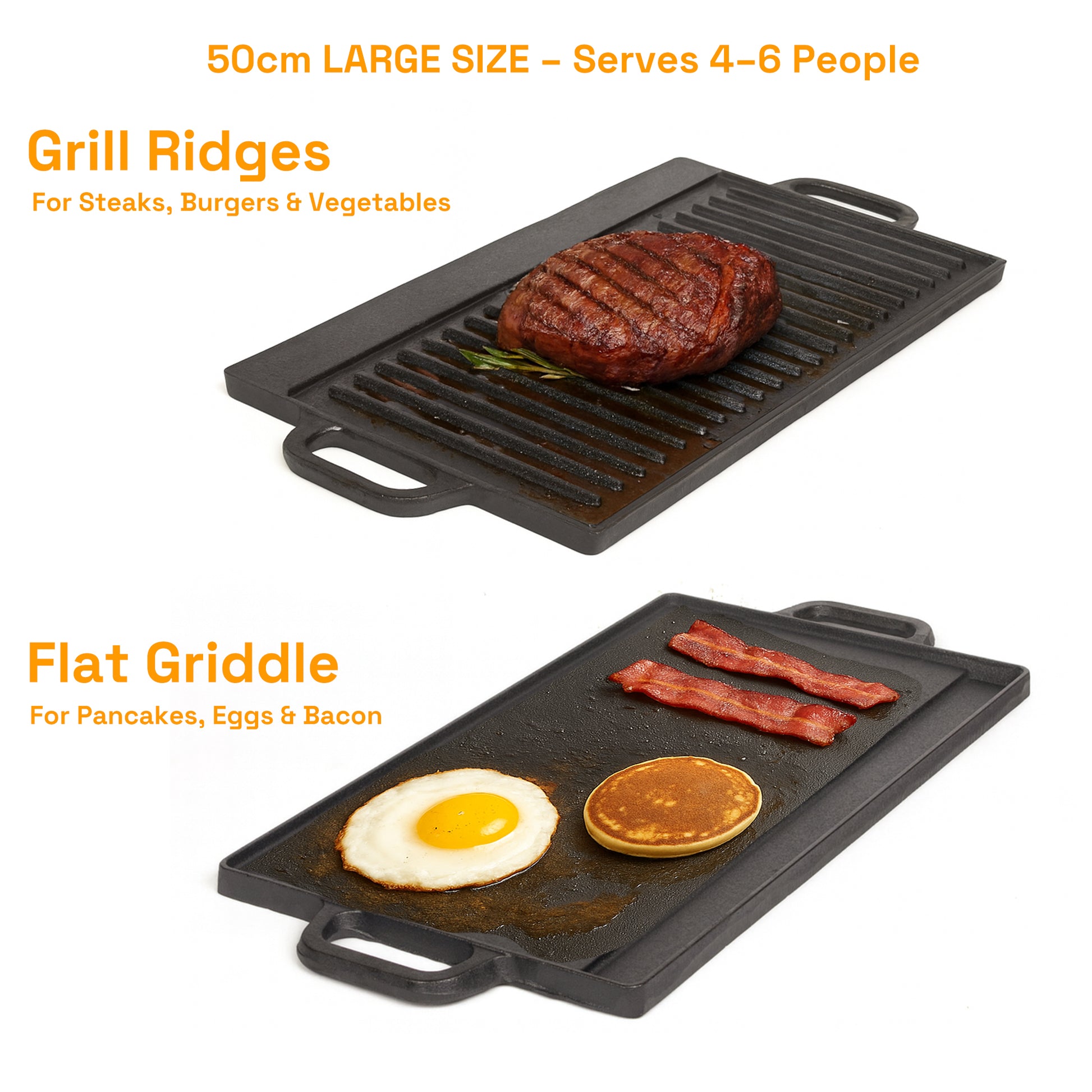 50 cm Reversible Cast Iron Grill & Griddle -Dual-Sided (Flat & Ribbed), Pre-Seasoned, Handles, for Stove-Top & Outdoor Use - Image 3