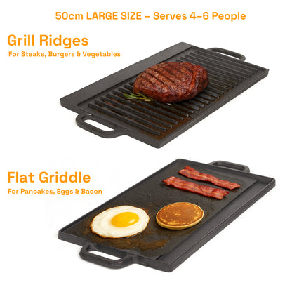 50 cm Reversible Cast Iron Grill & Griddle -Dual-Sided (Flat & Ribbed), Pre-Seasoned, Handles, for Stove-Top & Outdoor Use - Image 3