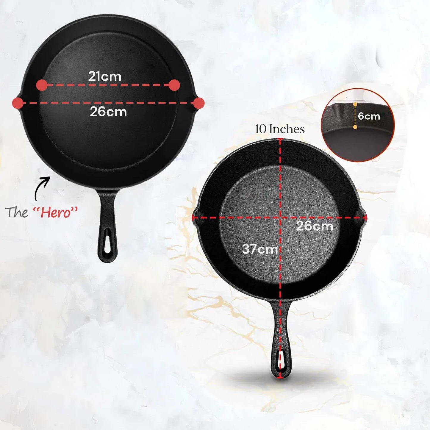 10inch 26cm Cast Iron Skillet Cookware Chef Quality Pre-Seasoned Pan Pans - Image 2