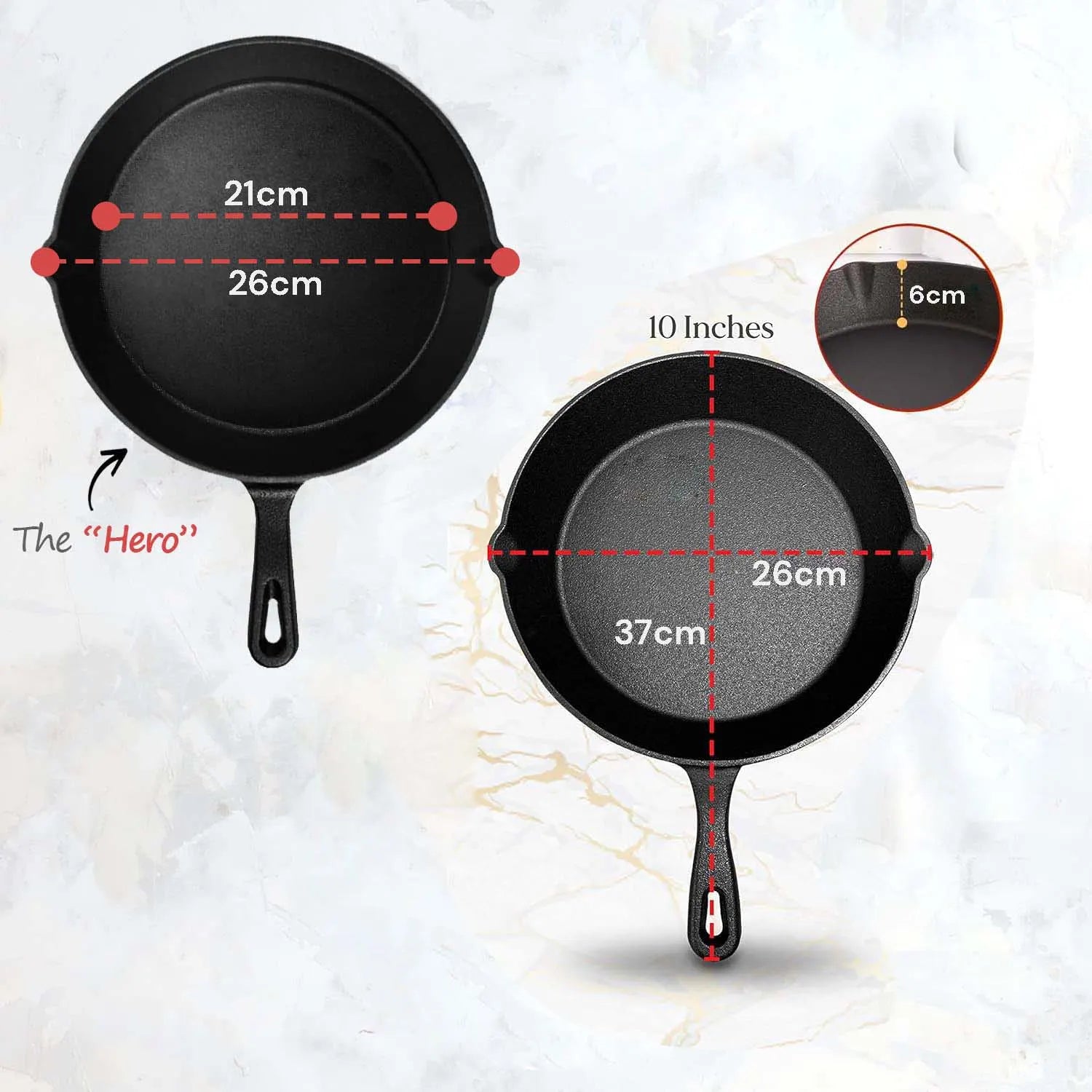 10inch 26cm Cast Iron Skillet Cookware Chef Quality Pre-Seasoned Pan Pans - Image 2
