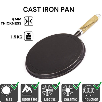 Pre-Seasoned 26cm Cast Iron Fry Pan Cookware Heat-Resistant Wooden Handle - Image 2
