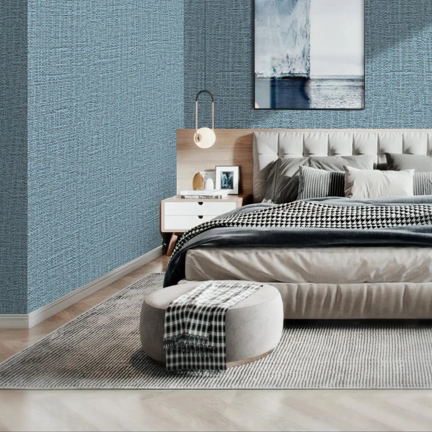 61cm x 10m Green Wallpaper Decor Faux Grasscloth Paper Wall Paper Self Adhesive Removable Blue - Image 2