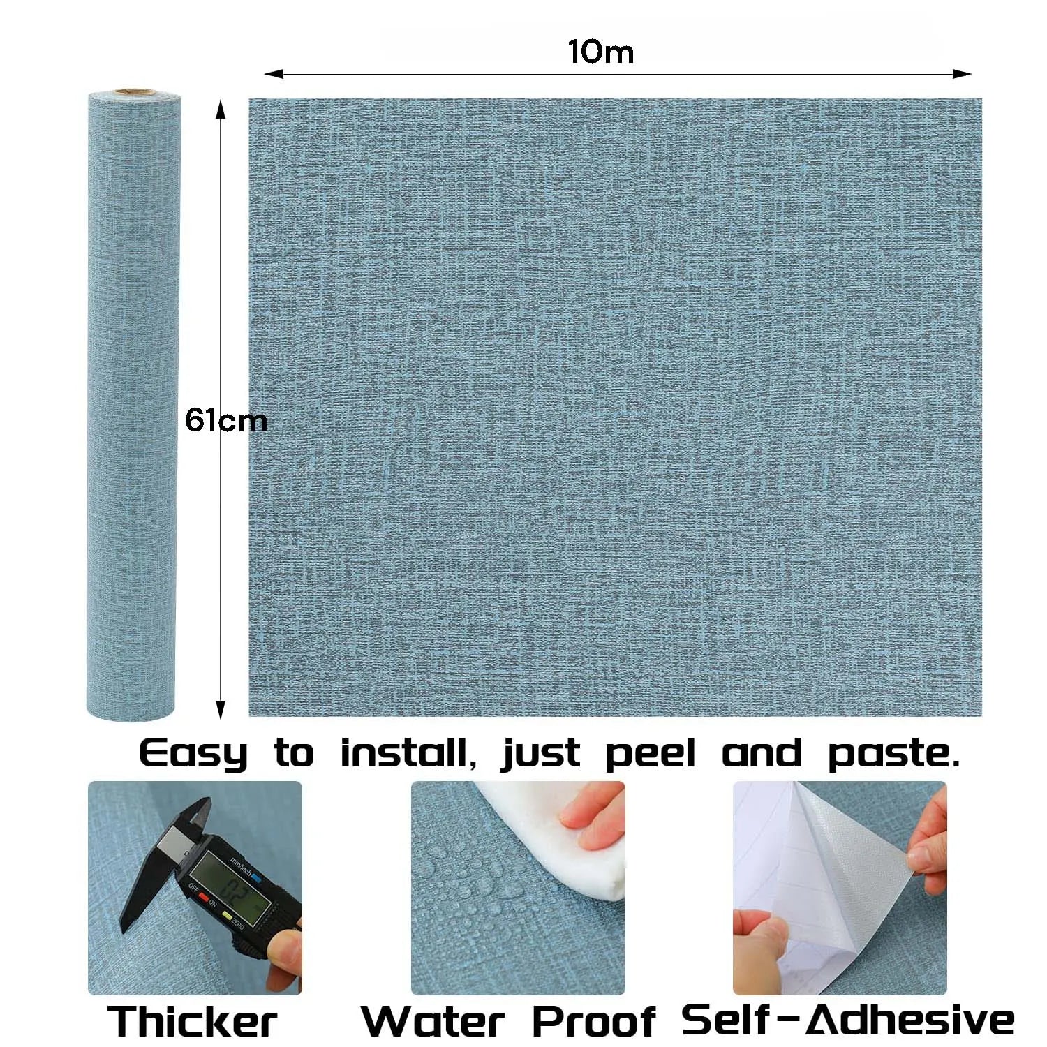 61cm x 10m Green Wallpaper Decor Faux Grasscloth Paper Wall Paper Self Adhesive Removable Blue - Image 6