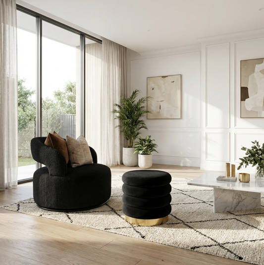 Interior Ave - Roma Round Velvet Ottoman / Footstool – Black - Image 2