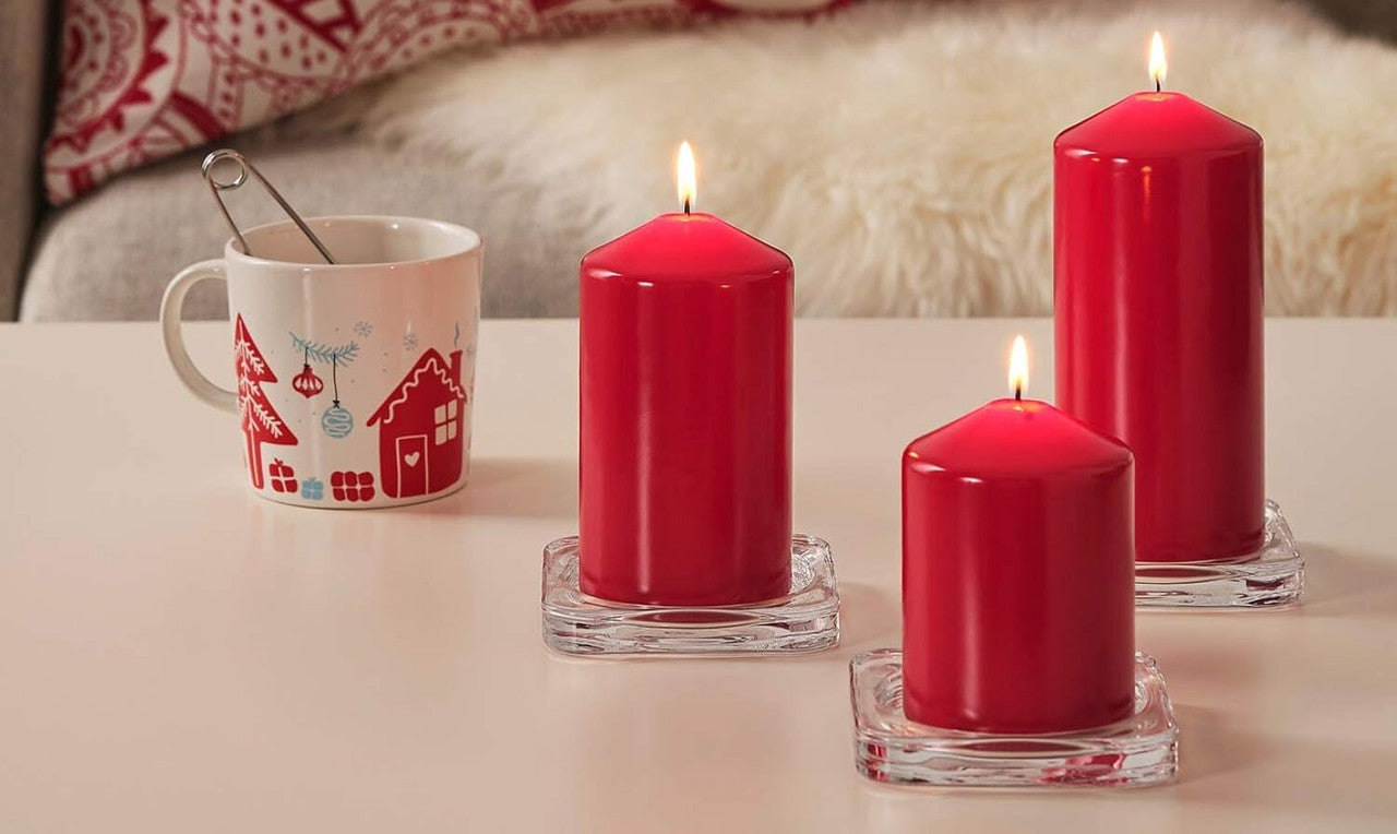 4 Pack Red Wax Pillar Advent Candles Xmas Wedding Party Table Room Centrepiece Decor Graduated sized 6 to 15cm High - Image 6