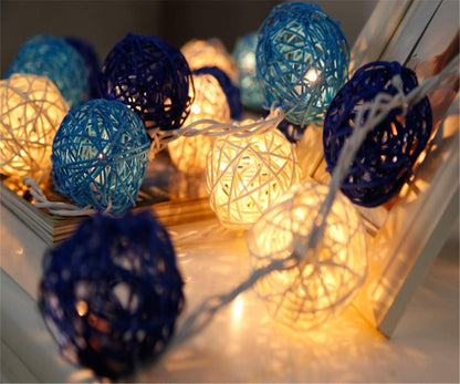 1 Set of Blue n White 5cm Rattan Cane 20 Ball Battery Powered 3m String Lights Christmas Gift Home Wedding Party Bedroom Decoration Table Centrepiece - Image 4