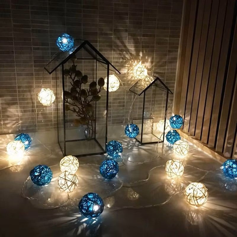 1 Set of Blue n White 5cm Rattan Cane 20 Ball Battery Powered 3m String Lights Christmas Gift Home Wedding Party Bedroom Decoration Table Centrepiece - Image 6