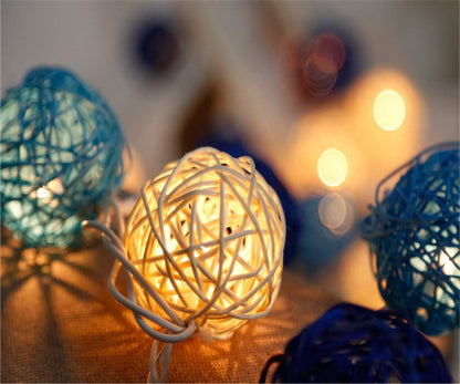 1 Set of Blue n White 5cm Rattan Cane 50 Ball Battery Powered LONG 5m String Lights Christmas Gift Home Wedding Party Bedroom Decoration Table Centrepiece - Image 5