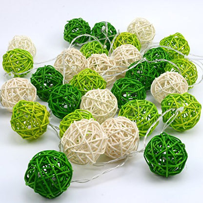 1 Set of Green n White 5cm Rattan Cane 20 Ball Battery Powered 3m String Lights Christmas Gift Home Wedding Party Bedroom Decoration Table Centrepiece - Image 2