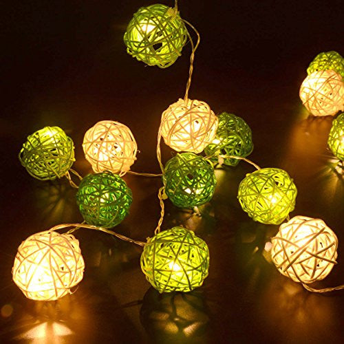 1 Set of Green n White 5cm Rattan Cane 20 Ball Battery Powered 3m String Lights Christmas Gift Home Wedding Party Bedroom Decoration Table Centrepiece - Image 3