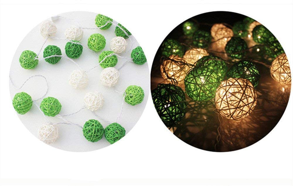 1 Set of Green n White 5cm Rattan Cane 20 Ball Battery Powered 3m String Lights Christmas Gift Home Wedding Party Bedroom Decoration Table Centrepiece - Image 4