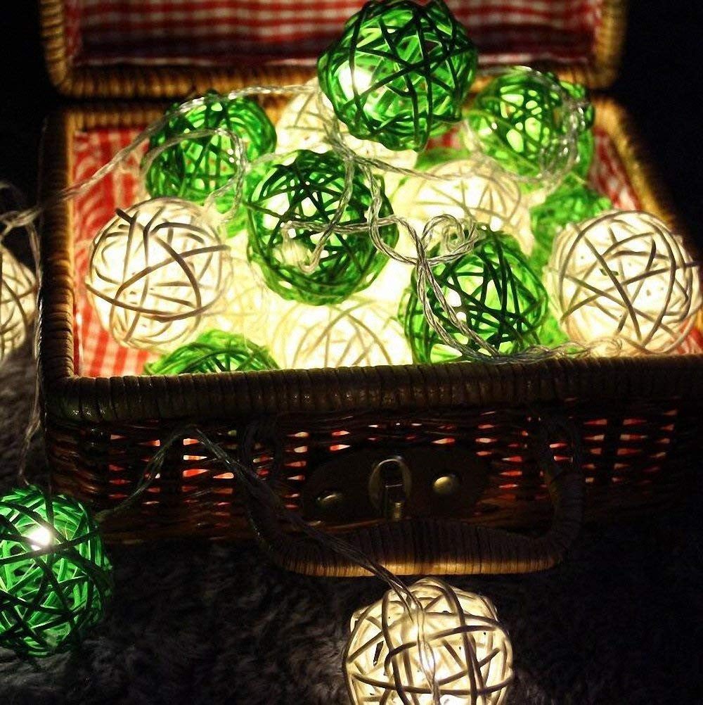 1 Set of Green n White 5cm Rattan Cane 20 Ball Battery Powered 3m String Lights Christmas Gift Home Wedding Party Bedroom Decoration Table Centrepiece - Image 5