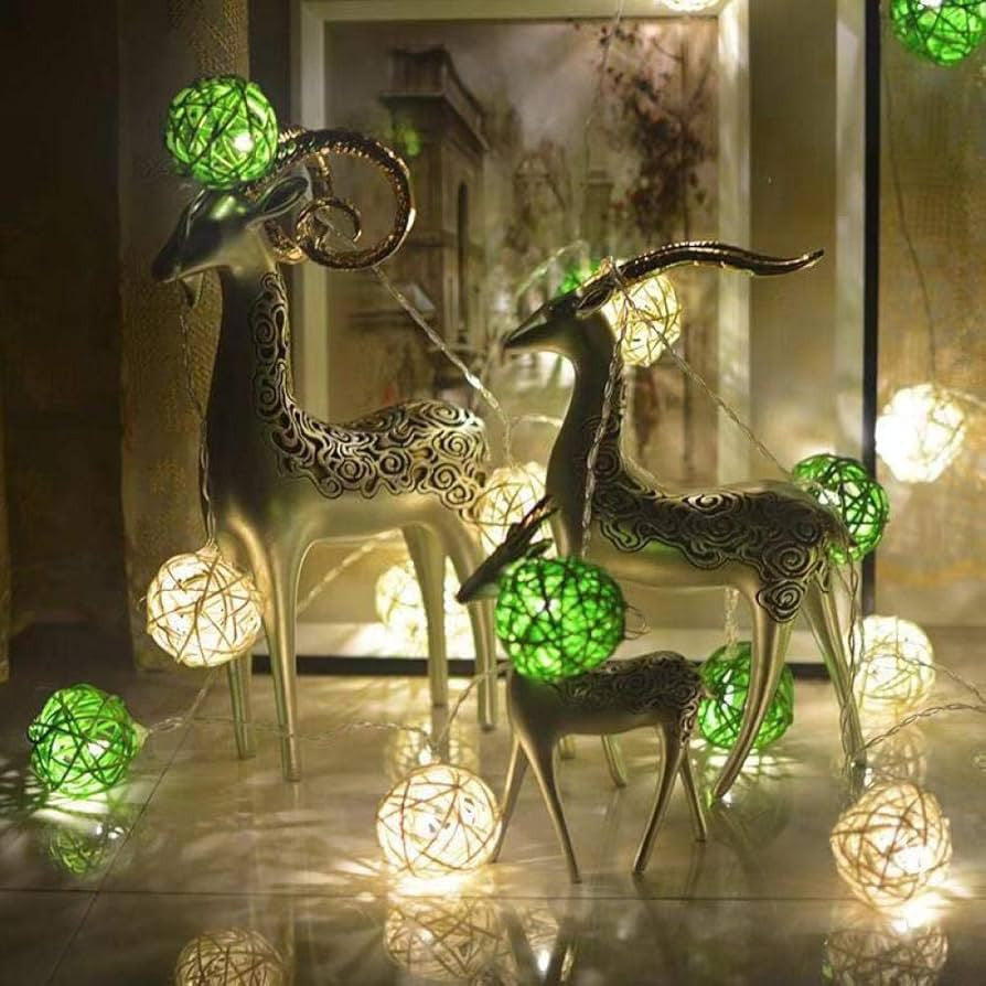 1 Set of Green n White 5cm Rattan Cane 20 Ball Battery Powered 3m String Lights Christmas Gift Home Wedding Party Bedroom Decoration Table Centrepiece - Image 7