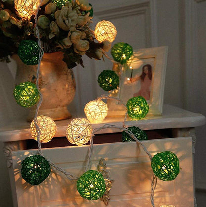 1 Set of Green n White 5cm Rattan Cane 50 Ball Battery Powered LONG 5m String Lights Christmas Gift Home Wedding Party Bedroom Decoration Table Centrepiece - Image 6