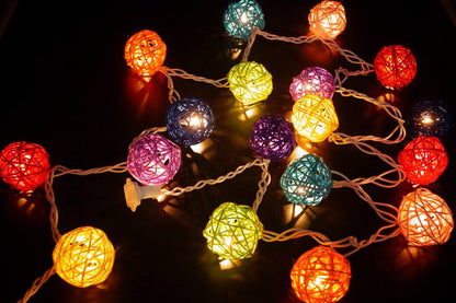 1 Set of Multi Coloured 5cm Rattan Cane 20 Ball Battery Powered 3m String Lights Christmas Gift Home Wedding Party Bedroom Decoration Table Centrepiece - Image 2