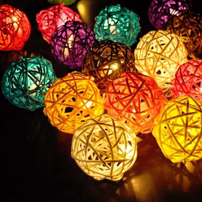 1 Set of Multi Coloured 5cm Rattan Cane 20 Ball Battery Powered 3m String Lights Christmas Gift Home Wedding Party Bedroom Decoration Table Centrepiece - Image 4