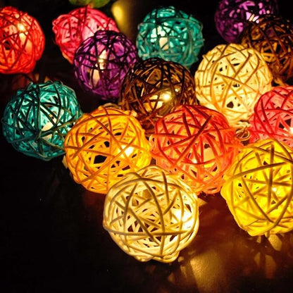 1 Set of Multi Coloured 5cm Rattan Cane 50 Ball Battery Powered LONG 5m String Lights Christmas Gift Home Wedding Party Bedroom Decoration Table Centrepiece - Image 4