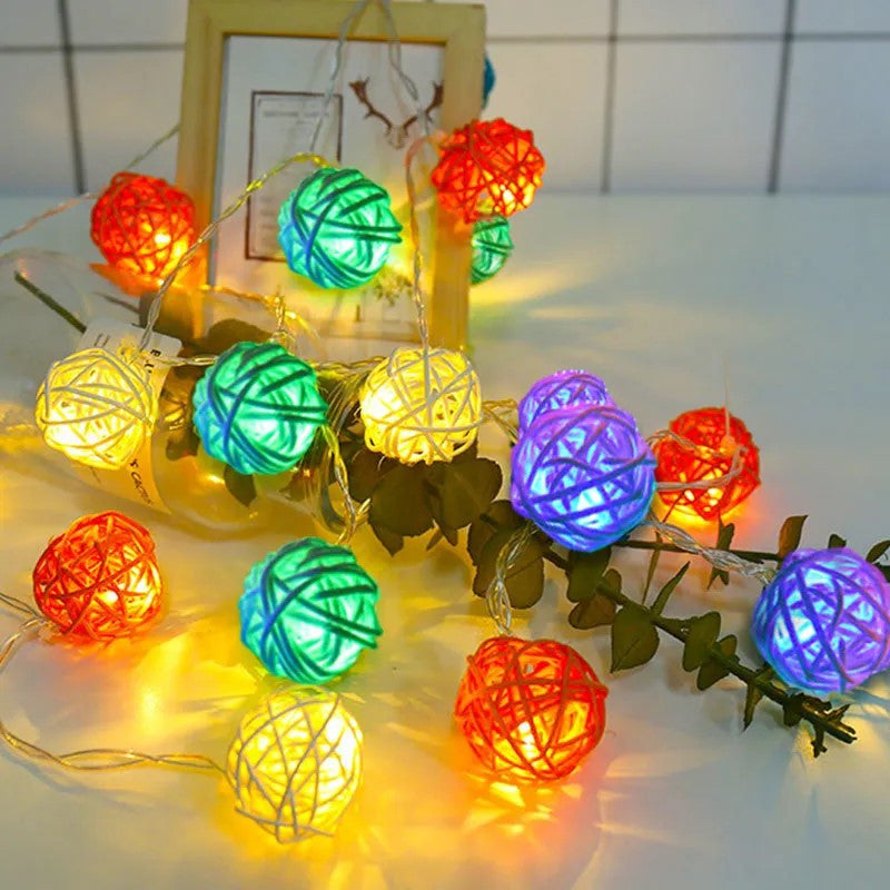 1 Set of Multi Coloured 5cm Rattan Cane 50 Ball Battery Powered LONG 5m String Lights Christmas Gift Home Wedding Party Bedroom Decoration Table Centrepiece - Image 8