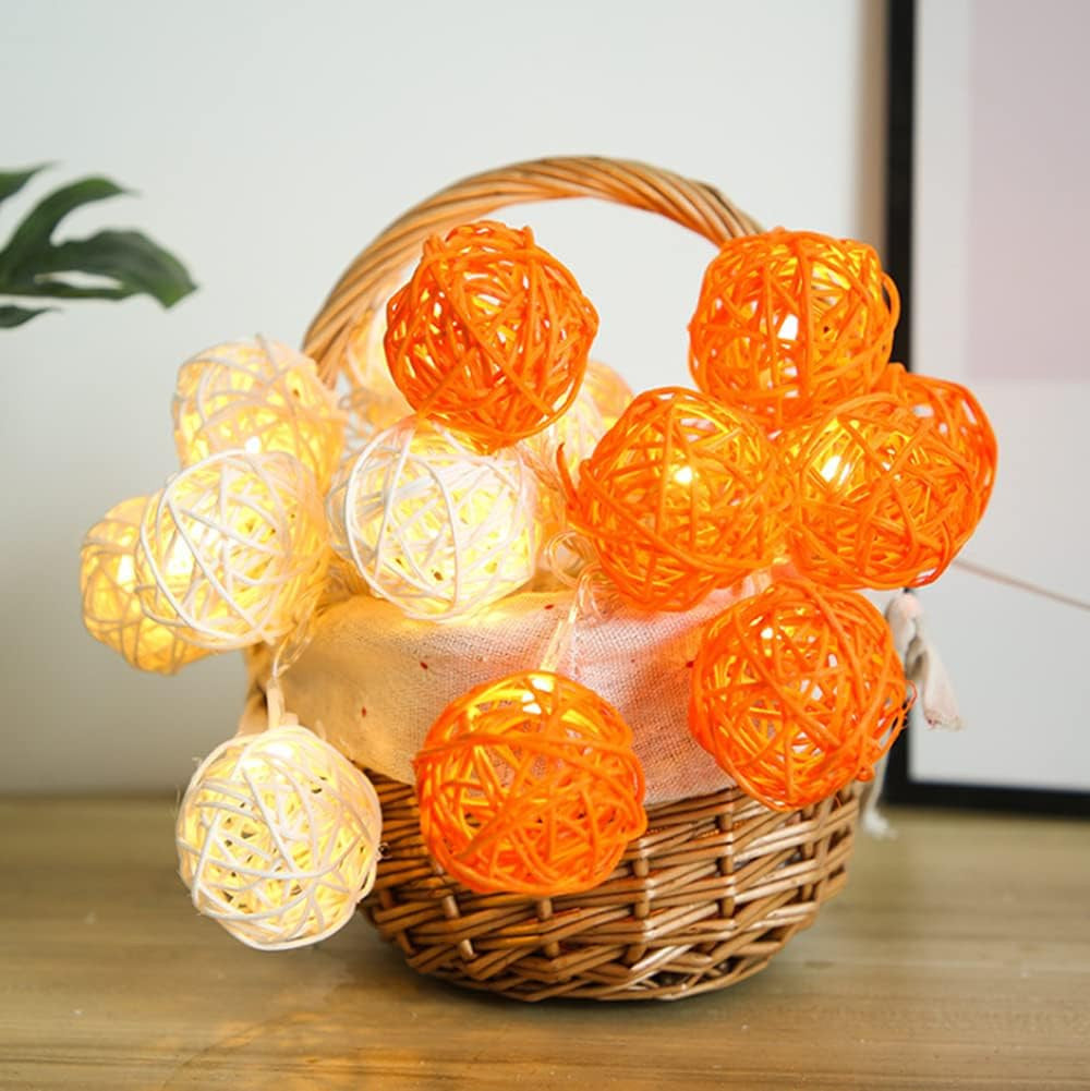 1 Set of Orange n White 5cm Rattan Cane 20 Ball Battery Powered 3m String Lights Christmas Gift Home Wedding Party Bedroom Decoration Table Centrepiece - Image 2