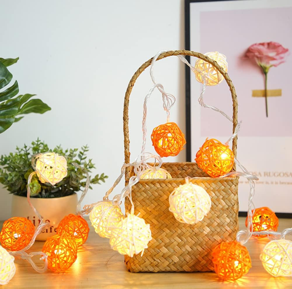 1 Set of Orange n White 5cm Rattan Cane 50 Ball Battery Powered LONG 5m String Lights Christmas Gift Home Wedding Party Bedroom Decoration Table Centrepiece - Image 4