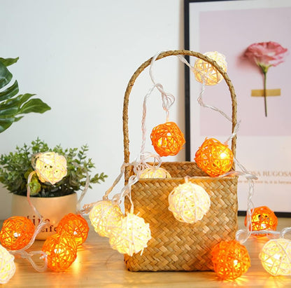 1 Set of Orange n White 5cm Rattan Cane 50 Ball Battery Powered LONG 5m String Lights Christmas Gift Home Wedding Party Bedroom Decoration Table Centrepiece - Image 4