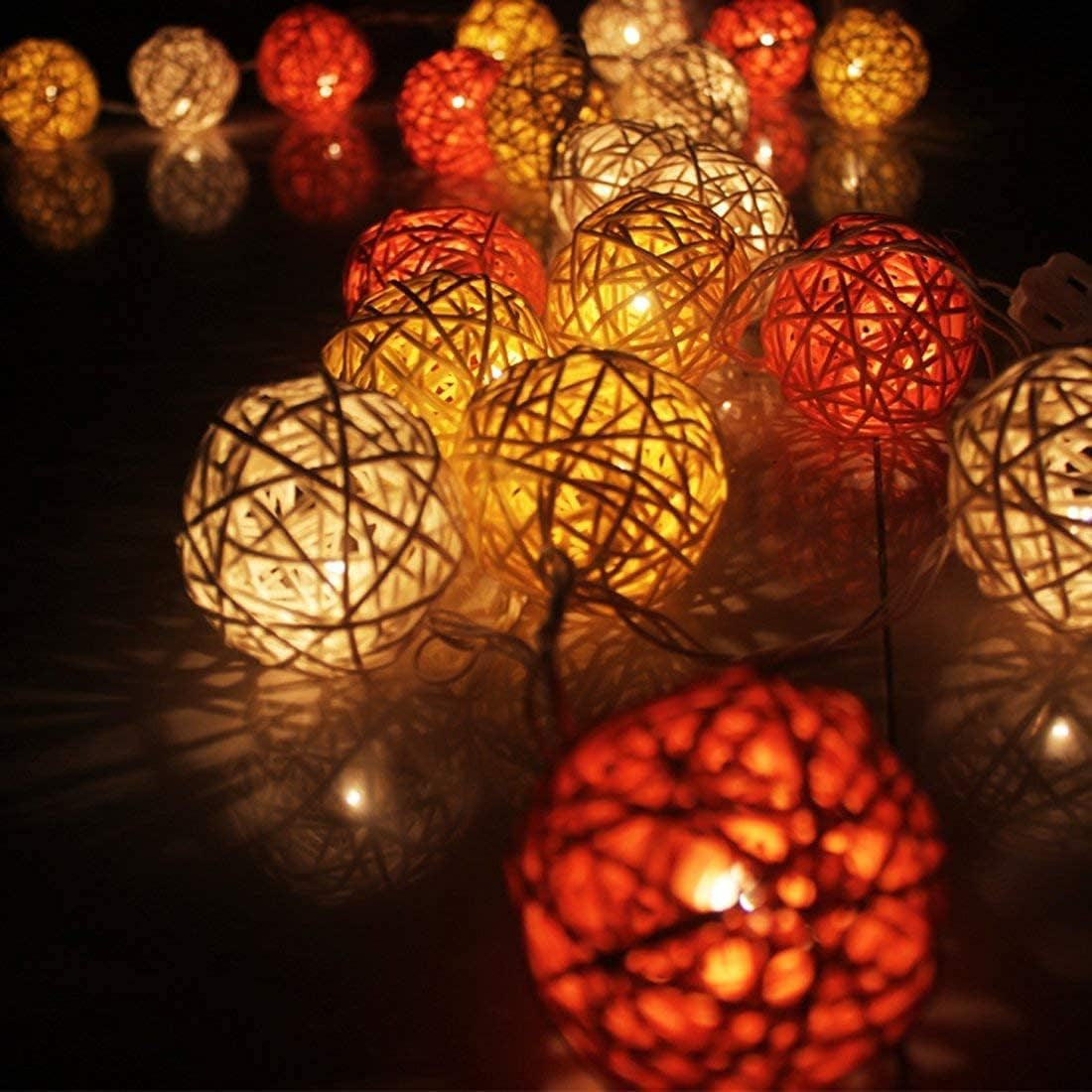 1 Set of Orange n White 5cm Rattan Cane 50 Ball Battery Powered LONG 5m String Lights Christmas Gift Home Wedding Party Bedroom Decoration Table Centrepiece - Image 5