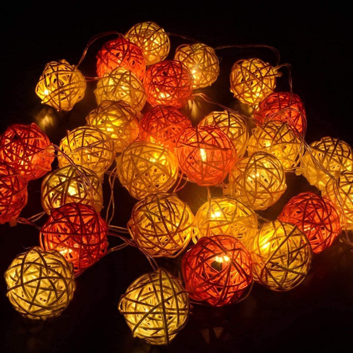 1 Set of Orange n White 5cm Rattan Cane 50 Ball Battery Powered LONG 5m String Lights Christmas Gift Home Wedding Party Bedroom Decoration Table Centrepiece - Image 6