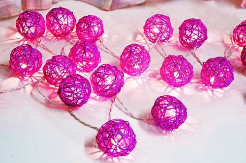 1 Set of Pink 5cm Rattan Cane 20 Ball Battery Powered 3m String Lights Christmas Gift Home Wedding Party Bedroom Decoration Table Centrepiece