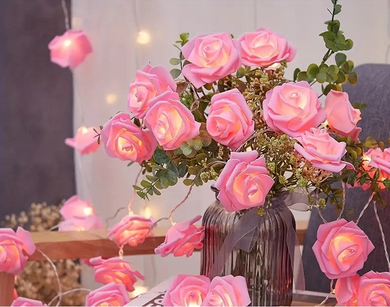 50 Pink Rose 3D Fairy Lights 5M LONG String, Battery (AA) Indoor & Outdoor Decorations Wedding Valentines Romantic Room Table Lighting - Image 2