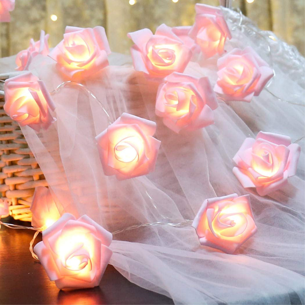 50 Pink Rose 3D Fairy Lights 5M LONG String, Battery (AA) Indoor & Outdoor Decorations Wedding Valentines Romantic Room Table Lighting - Image 5