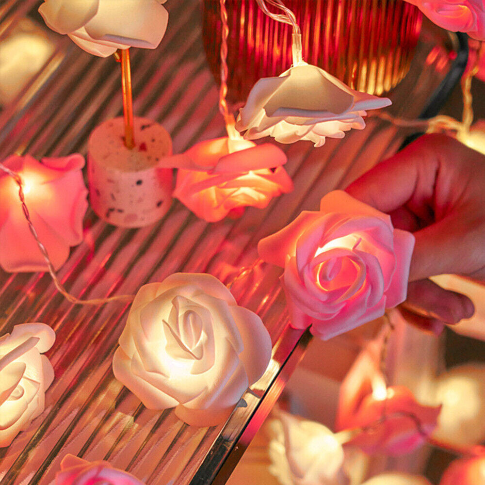 20 Pink n White Rose 3D Fairy Lights 3M String, Battery (AA) Indoor & Outdoor Decorations Wedding Valentines Romantic Room Table Lighting - Image 6