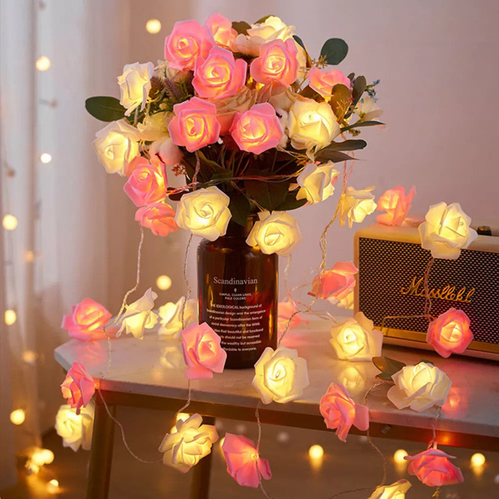 50 Pink n White Rose 3D Fairy Lights 5M LONG String, Battery (AA) Indoor & Outdoor Decorations Wedding Valentines Romantic Room Table Lighting - Image 2