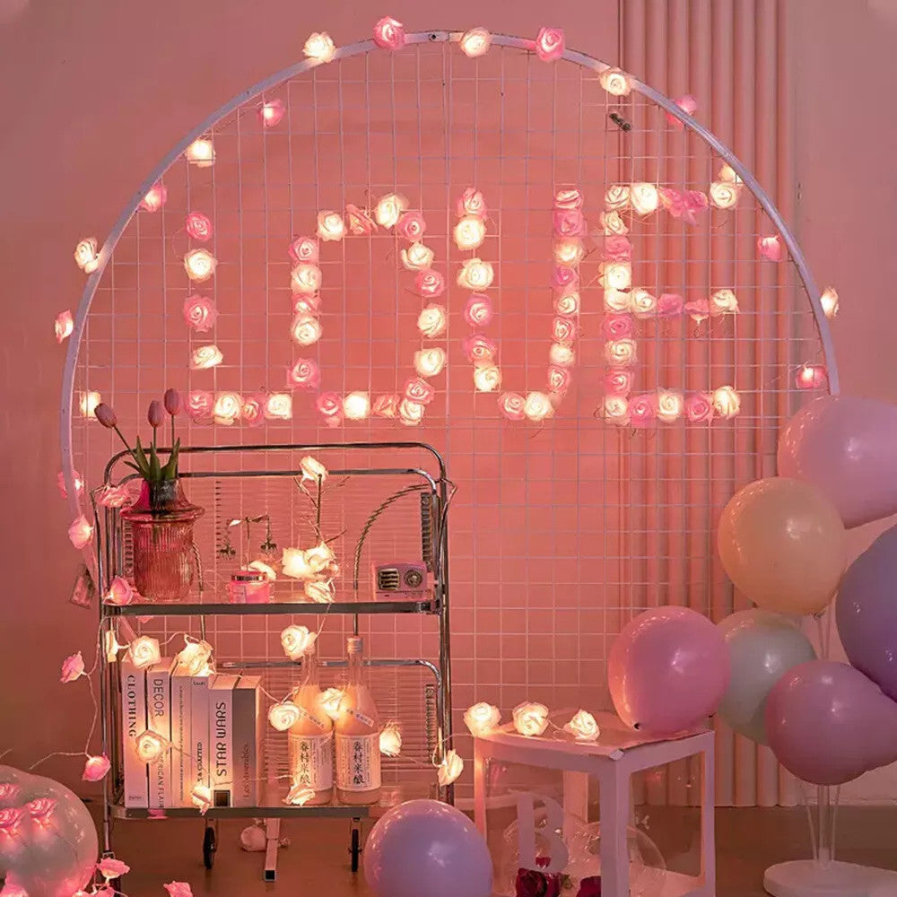 50 Pink n White Rose 3D Fairy Lights 5M LONG String, Battery (AA) Indoor & Outdoor Decorations Wedding Valentines Romantic Room Table Lighting - Image 3