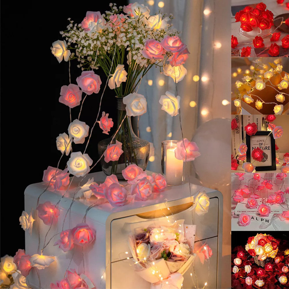 50 Pink n White Rose 3D Fairy Lights 5M LONG String, Battery (AA) Indoor & Outdoor Decorations Wedding Valentines Romantic Room Table Lighting - Image 5