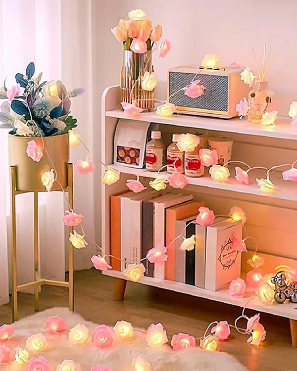 50 Pink n White Rose 3D Fairy Lights 5M LONG String, Battery (AA) Indoor & Outdoor Decorations Wedding Valentines Romantic Room Table Lighting - Image 8
