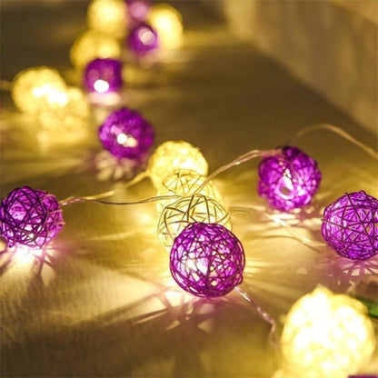 1 Set of Purple n White 5cm Rattan Cane 20 Ball Battery Powered 3m String Lights Christmas Gift Home Wedding Party Bedroom Decoration Table Centrepiece - Image 3